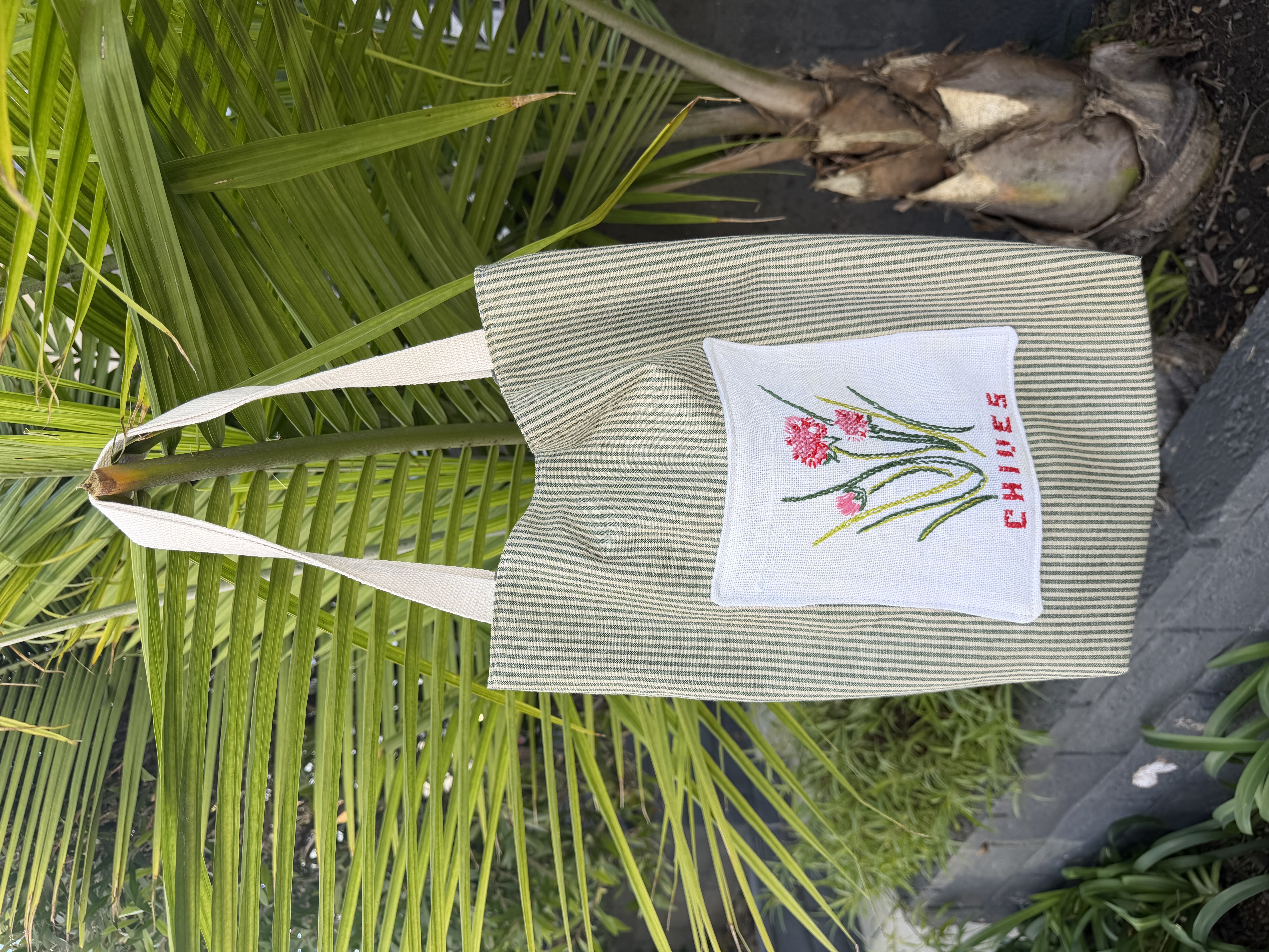 Finished tote bag with rosemary and oregano embroidery, made for Jessica